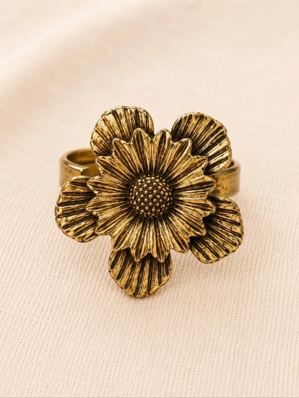 Oversized Gold Tone Floral Statement Ring Adjustable Daisy Boho Vintage